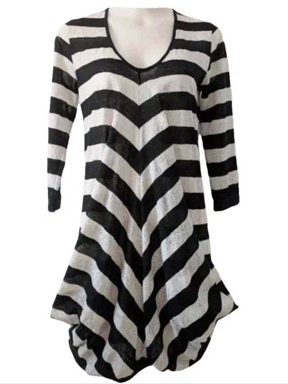 Vintage Anne Fontaine Y2K Chevron Stripe Bubble Hem Sheer Lace Tunic Dress Sz 40